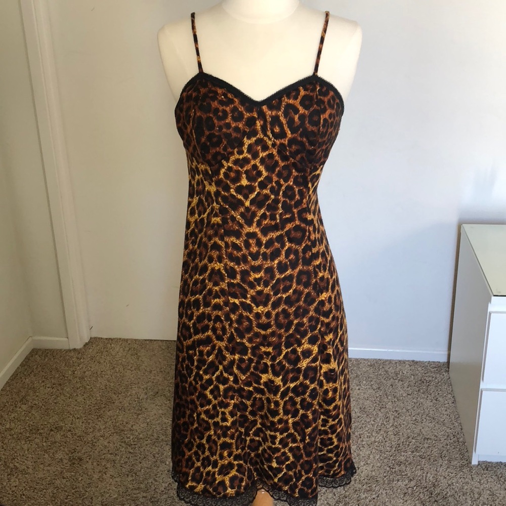 Leopard spaghetti strap slip midi dress with lace